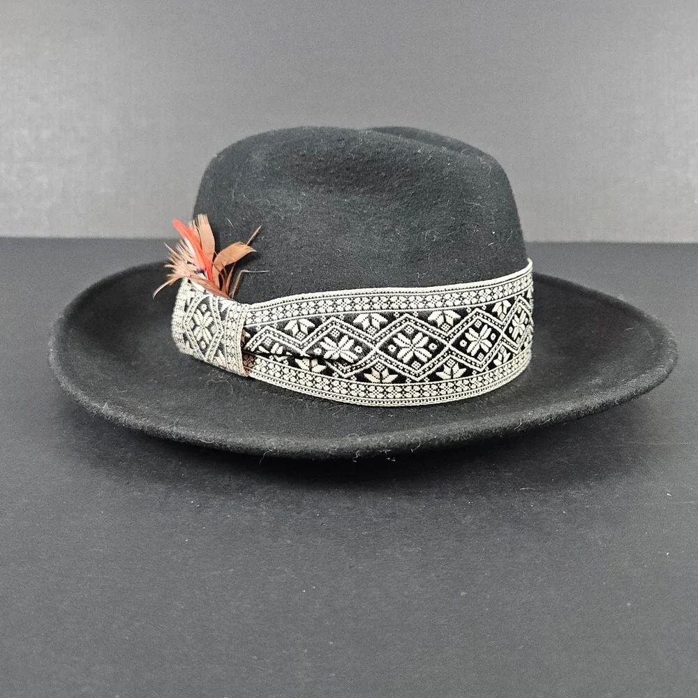 Gypsy Warrior Black Wool Fedora Hat Embellished Band Feather Detail One Size